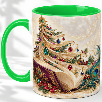 #pl[11oz|Green] Jewel-Tone Christmas Book Tree Accent Ceramic Mug, Peacock Style