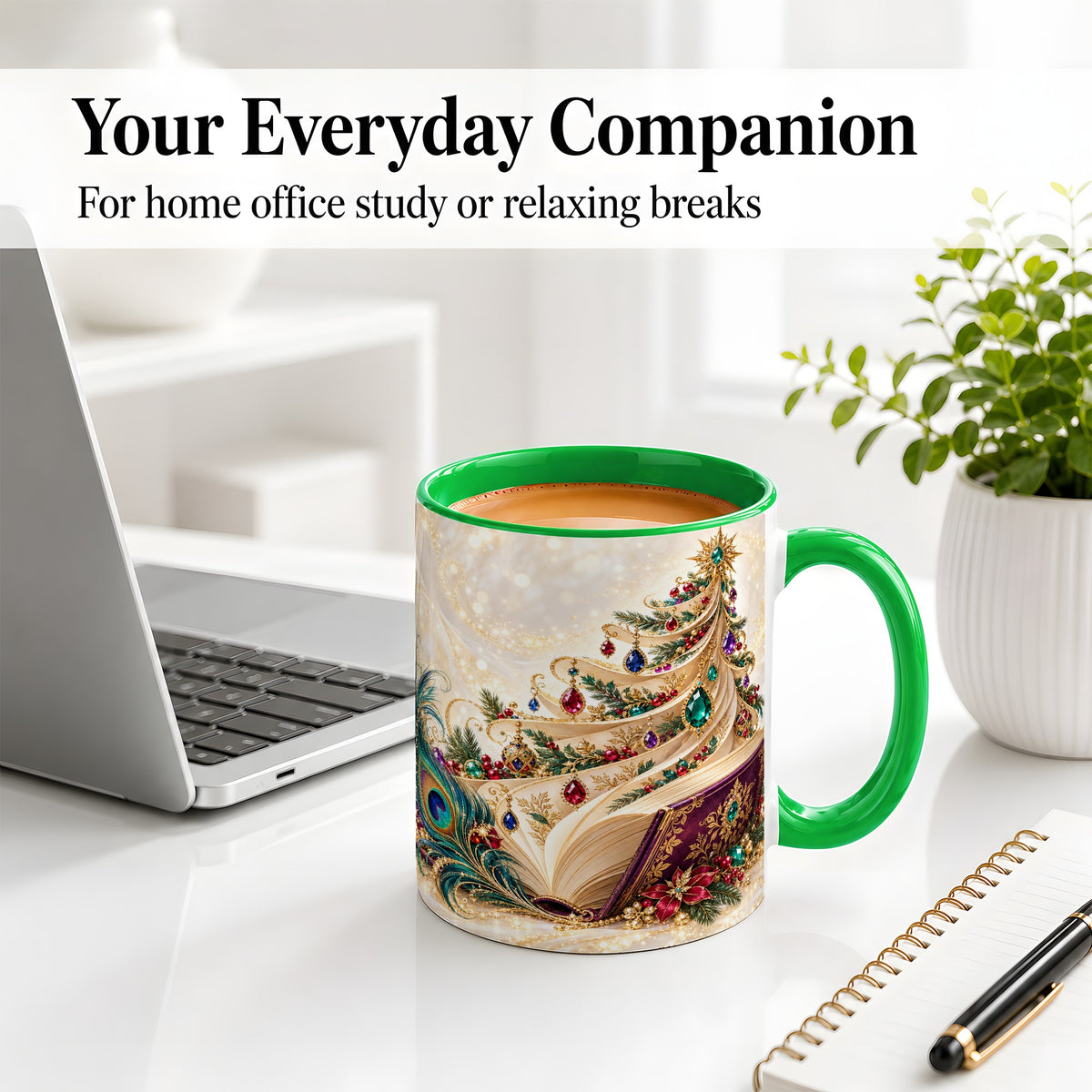 #pl[11oz|Green] Jewel-Tone Christmas Book Tree Accent Ceramic Mug, Peacock Style