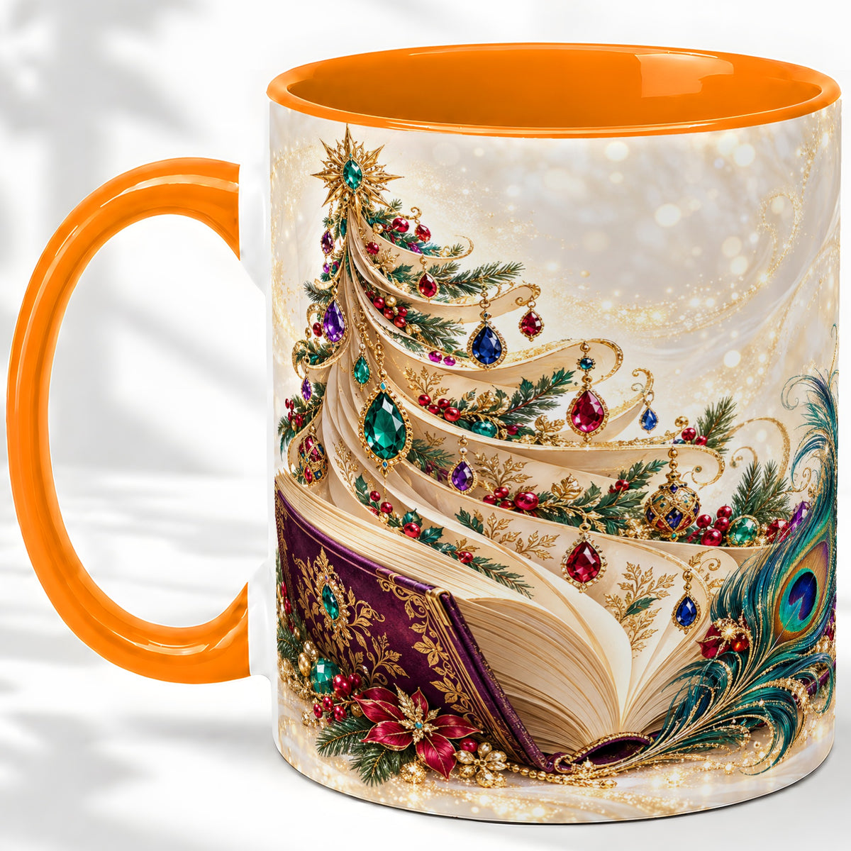 #pl[11oz|Orange] Jewel-Tone Christmas Book Tree Accent Ceramic Mug, Peacock Style