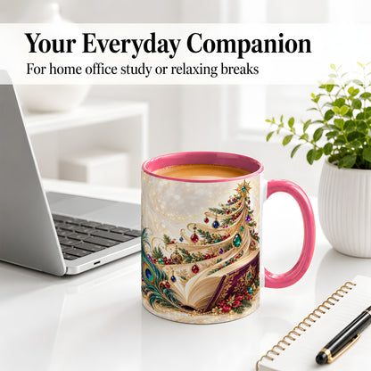 #pl[11oz|Pink] Jewel-Tone Christmas Book Tree Accent Ceramic Mug, Peacock Style