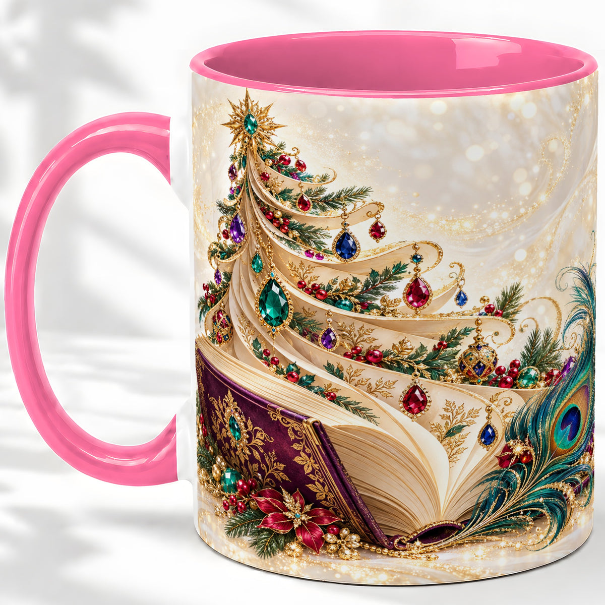 #pl[11oz|Pink] Jewel-Tone Christmas Book Tree Accent Ceramic Mug, Peacock Style