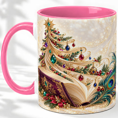 #pl[11oz|Pink] Jewel-Tone Christmas Book Tree Accent Ceramic Mug, Peacock Style