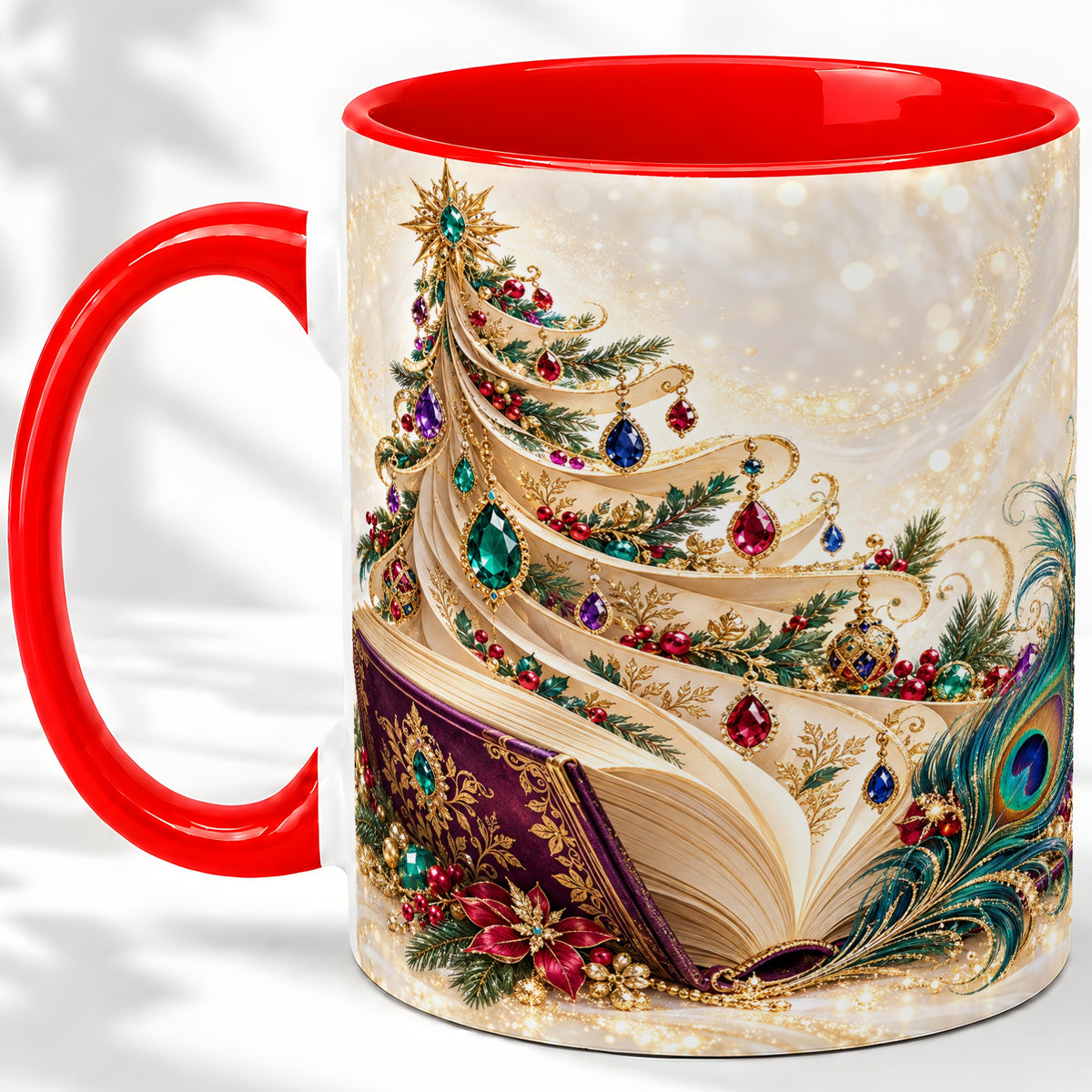 Jewel-Tone Christmas Book Tree Accent Ceramic Mug, Peacock Style