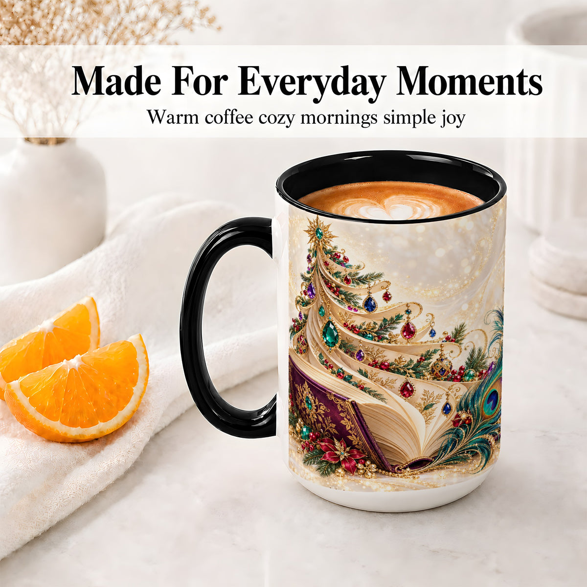 #pl[15oz|Black] Jewel-Tone Christmas Book Tree Accent Ceramic Mug, Peacock Style