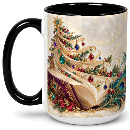 #pl[15oz|Black] Jewel-Tone Christmas Book Tree Accent Ceramic Mug, Peacock Style