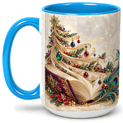 #pl[15oz|Blue] Jewel-Tone Christmas Book Tree Accent Ceramic Mug, Peacock Style