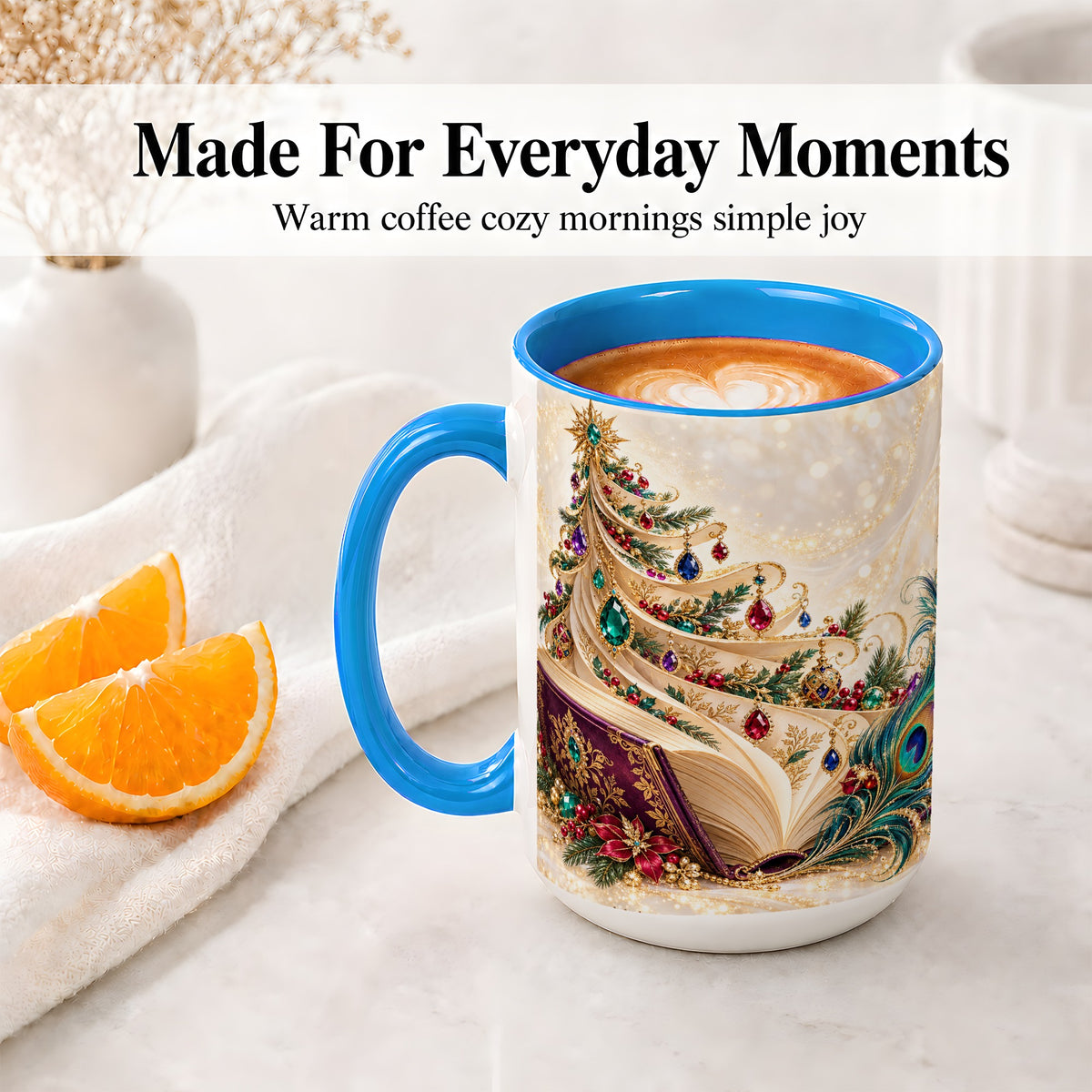 #pl[15oz|Blue] Jewel-Tone Christmas Book Tree Accent Ceramic Mug, Peacock Style