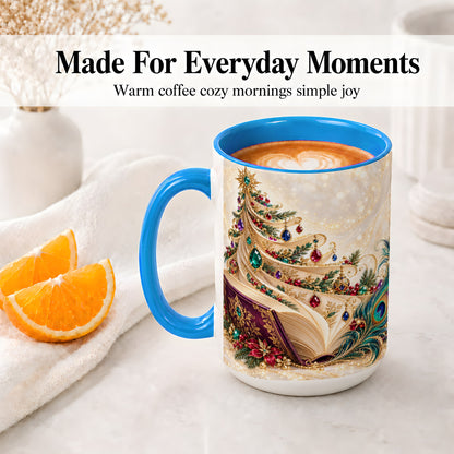 #pl[15oz|Blue] Jewel-Tone Christmas Book Tree Accent Ceramic Mug, Peacock Style
