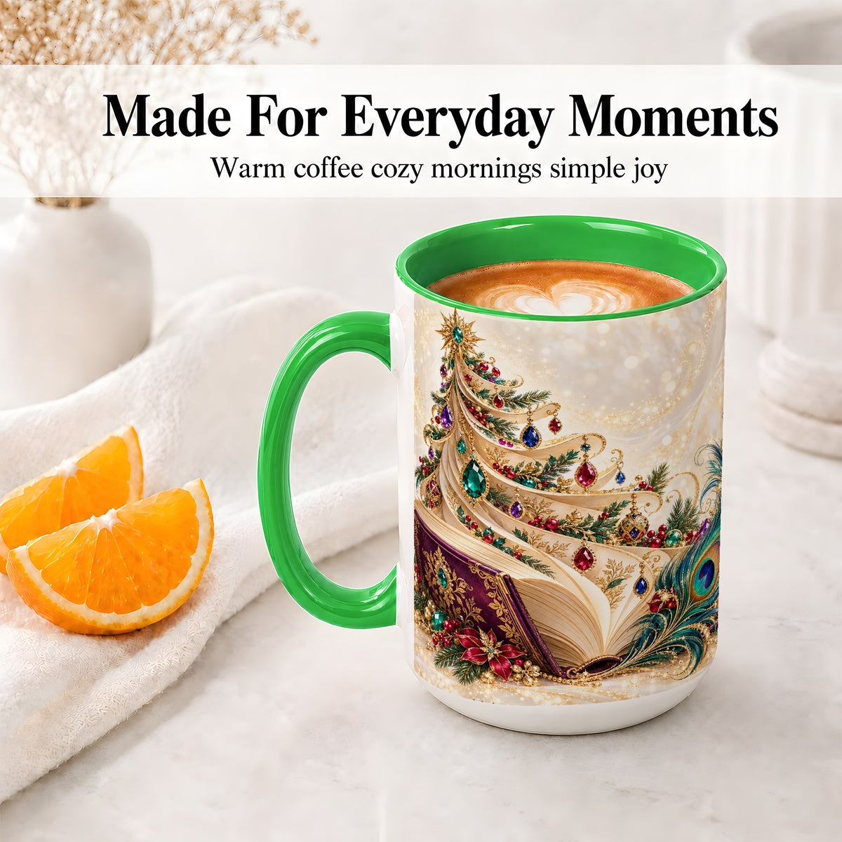 #pl[15oz|Green] Jewel-Tone Christmas Book Tree Accent Ceramic Mug, Peacock Style
