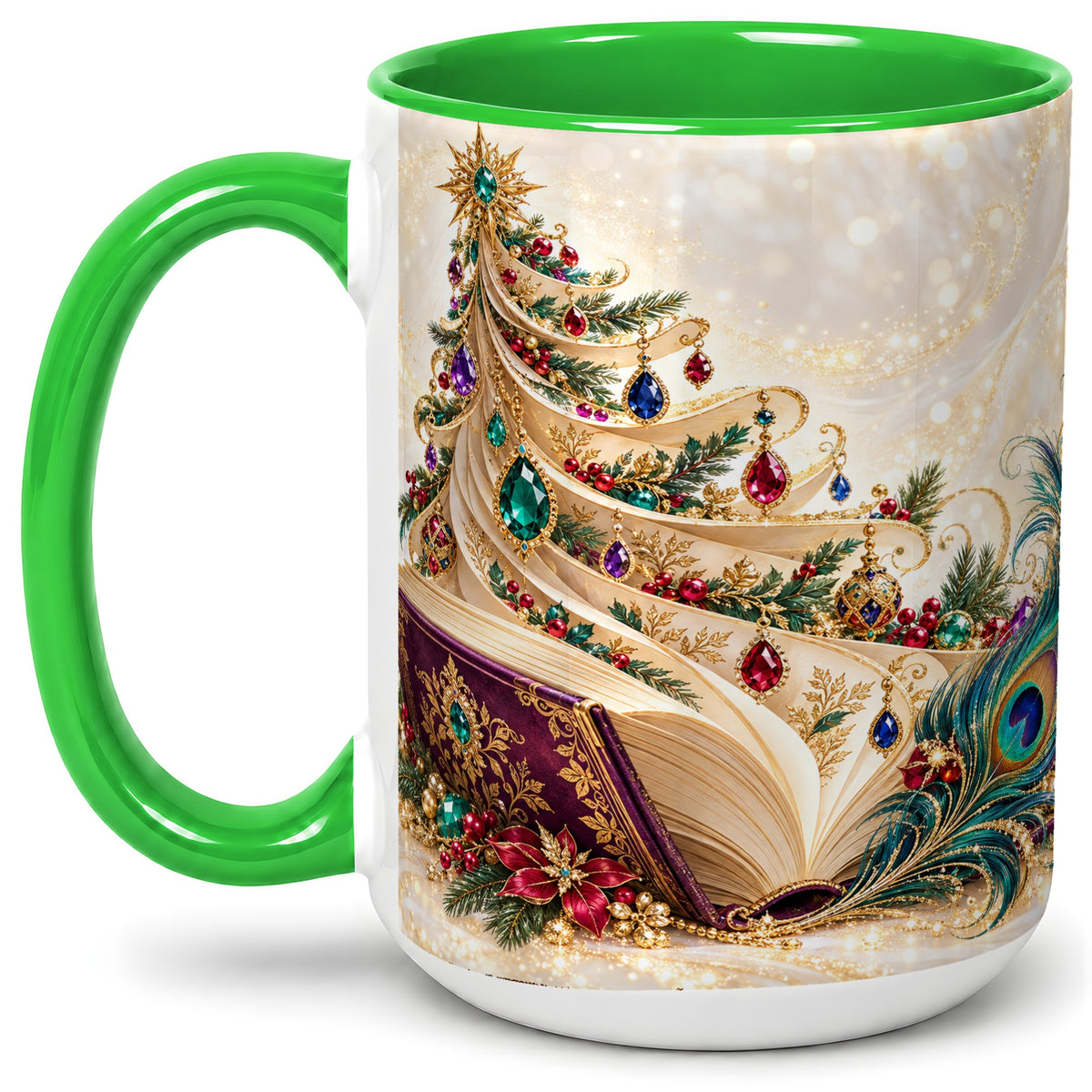 #pl[15oz|Green] Jewel-Tone Christmas Book Tree Accent Ceramic Mug, Peacock Style