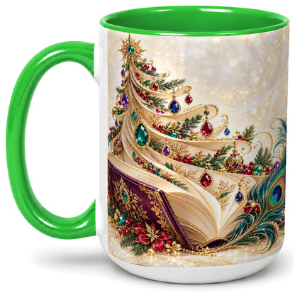 #pl[15oz|Green] Jewel-Tone Christmas Book Tree Accent Ceramic Mug, Peacock Style