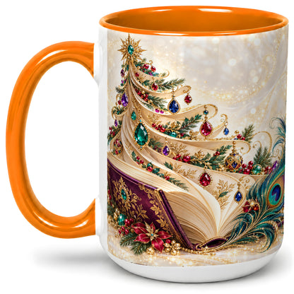 #pl[15oz|Orange] Jewel-Tone Christmas Book Tree Accent Ceramic Mug, Peacock Style
