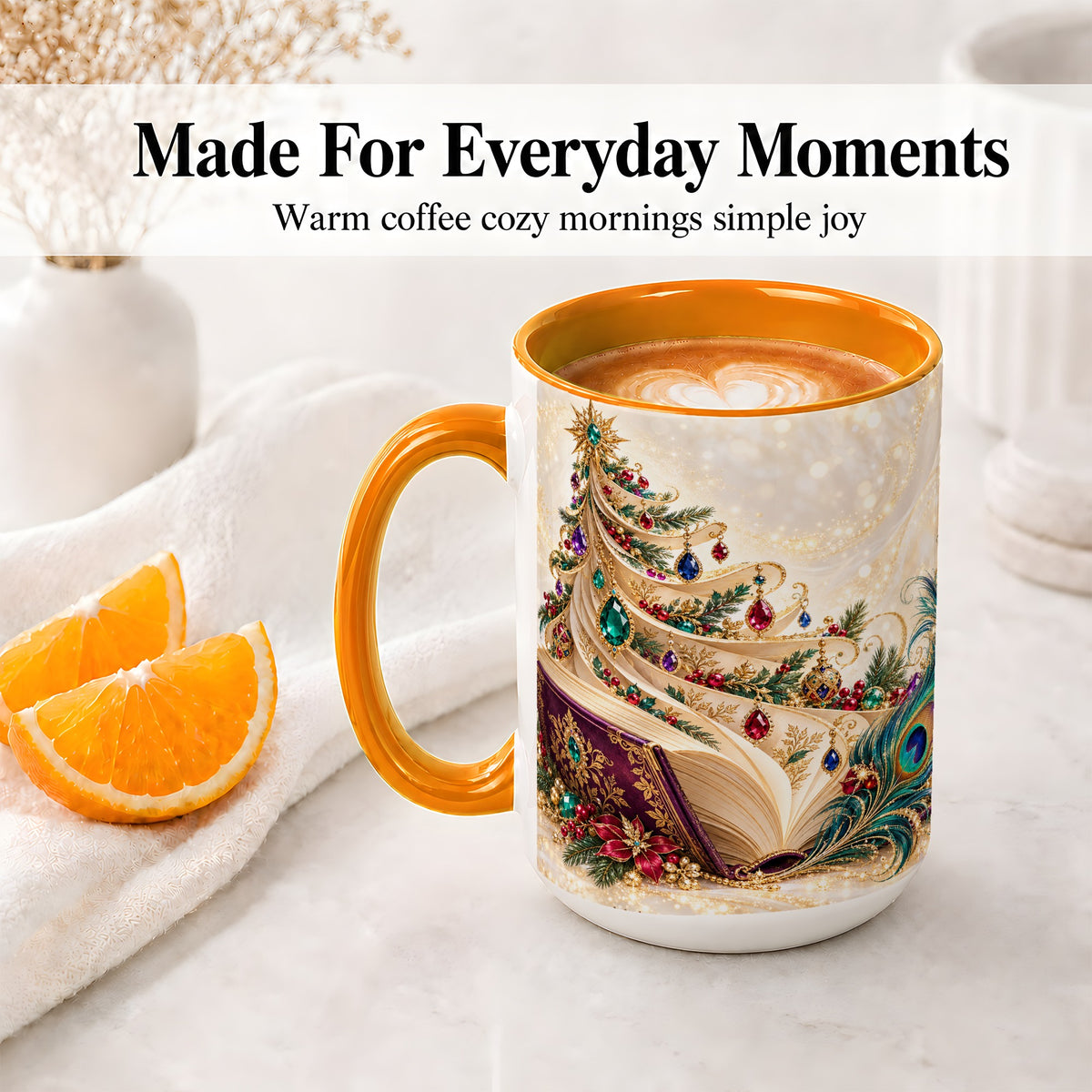 #pl[15oz|Orange] Jewel-Tone Christmas Book Tree Accent Ceramic Mug, Peacock Style