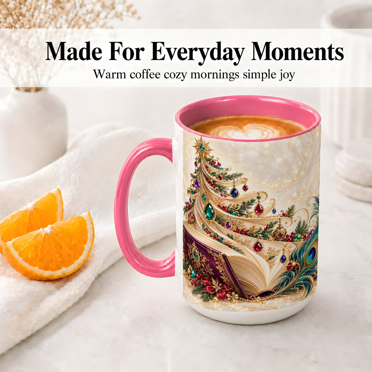 #pl[15oz|Pink] Jewel-Tone Christmas Book Tree Accent Ceramic Mug, Peacock Style