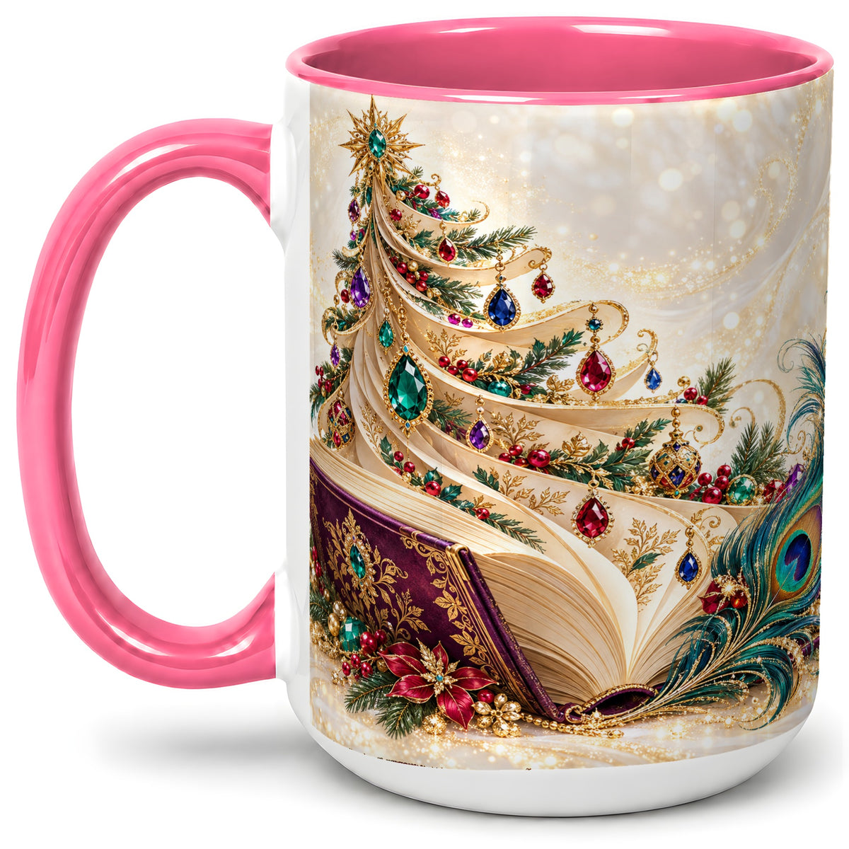 #pl[15oz|Pink] Jewel-Tone Christmas Book Tree Accent Ceramic Mug, Peacock Style