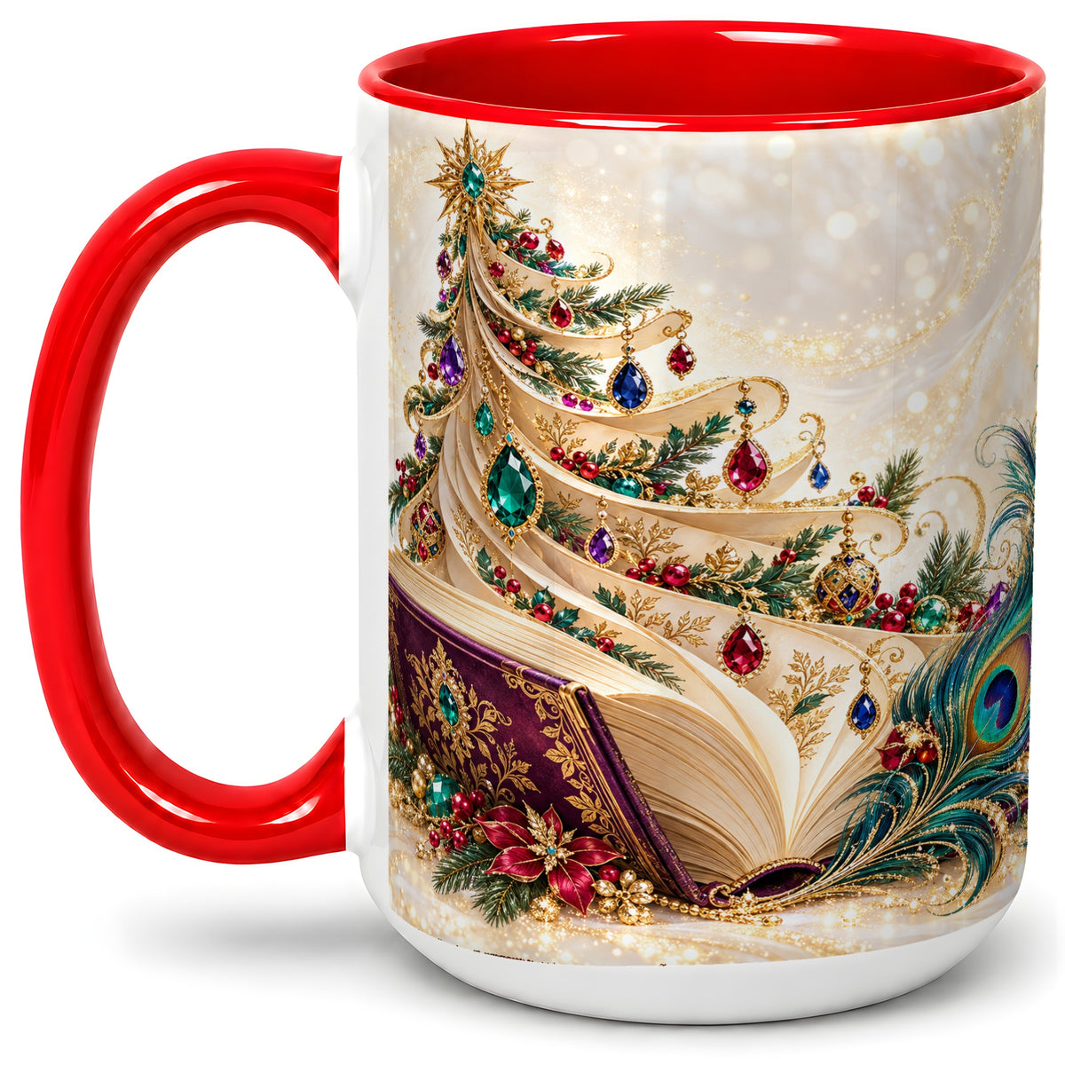 #pl[15oz|Red] Jewel-Tone Christmas Book Tree Accent Ceramic Mug, Peacock Style