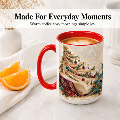#pl[15oz|Red] Jewel-Tone Christmas Book Tree Accent Ceramic Mug, Peacock Style