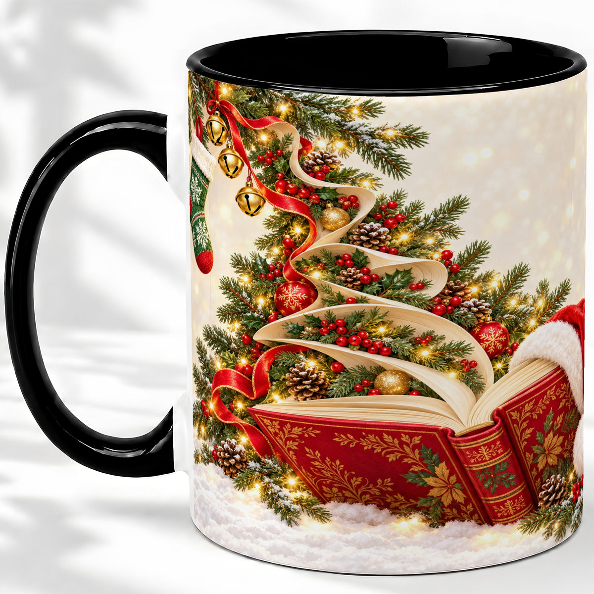 #pl[11oz|Black] Christmas Book Tree Accent Ceramic Mug, Santa Hat Illustration