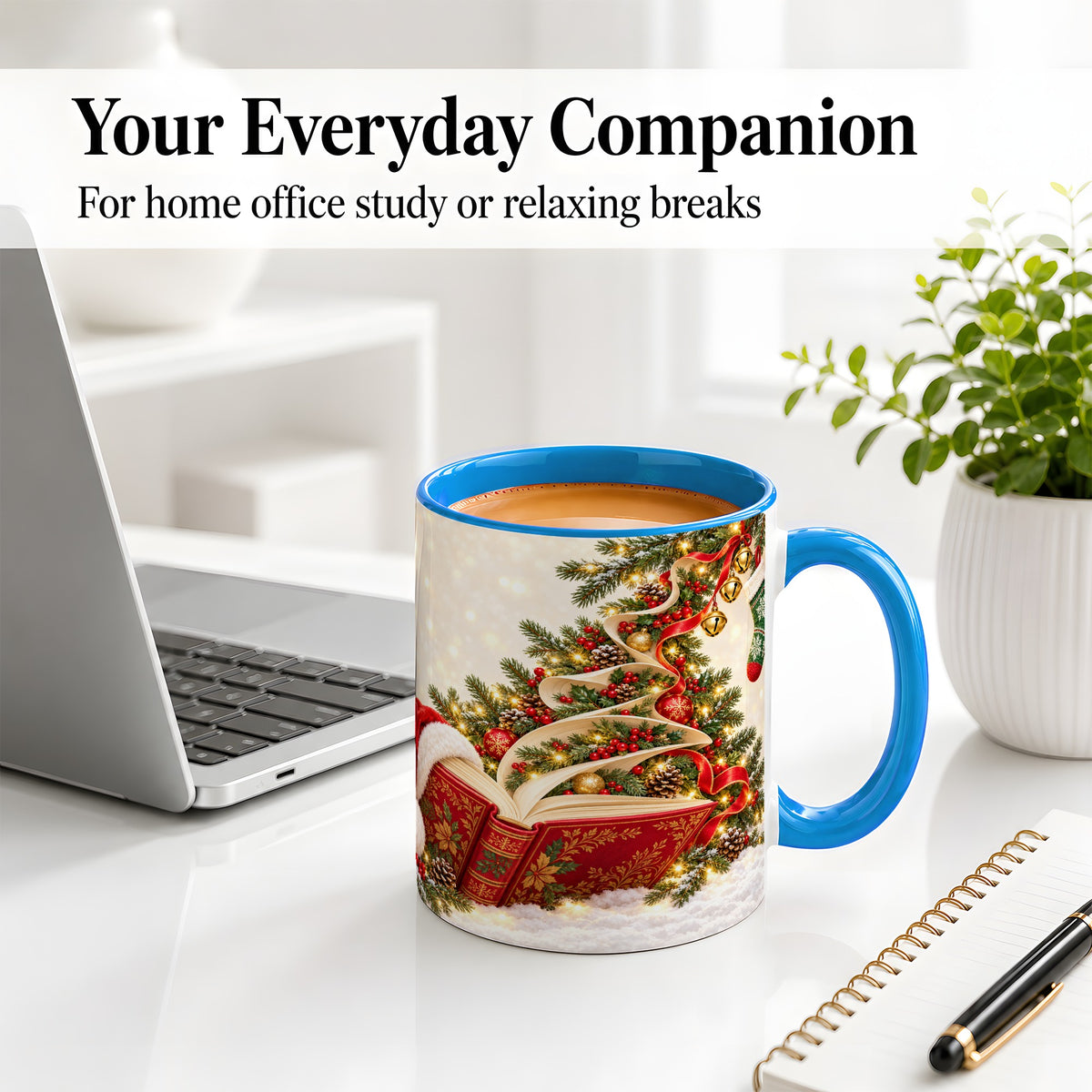 #pl[11oz|Blue] Christmas Book Tree Accent Ceramic Mug, Santa Hat Illustration