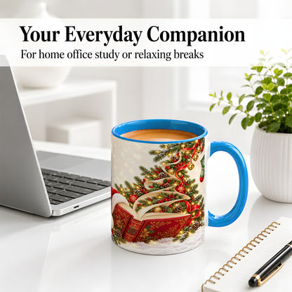 #pl[11oz|Blue] Christmas Book Tree Accent Ceramic Mug, Santa Hat Illustration