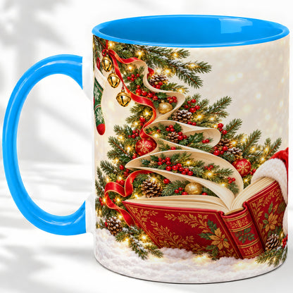#pl[11oz|Blue] Christmas Book Tree Accent Ceramic Mug, Santa Hat Illustration