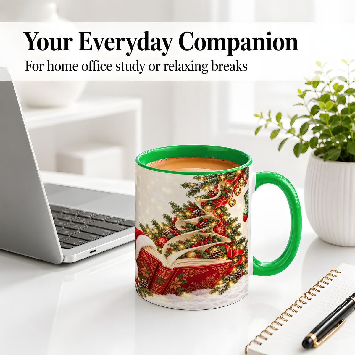 #pl[11oz|Green] Christmas Book Tree Accent Ceramic Mug, Santa Hat Illustration