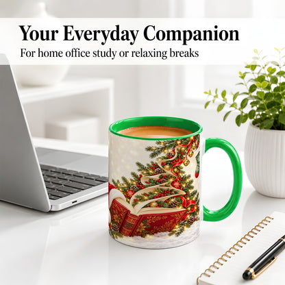 #pl[11oz|Green] Christmas Book Tree Accent Ceramic Mug, Santa Hat Illustration