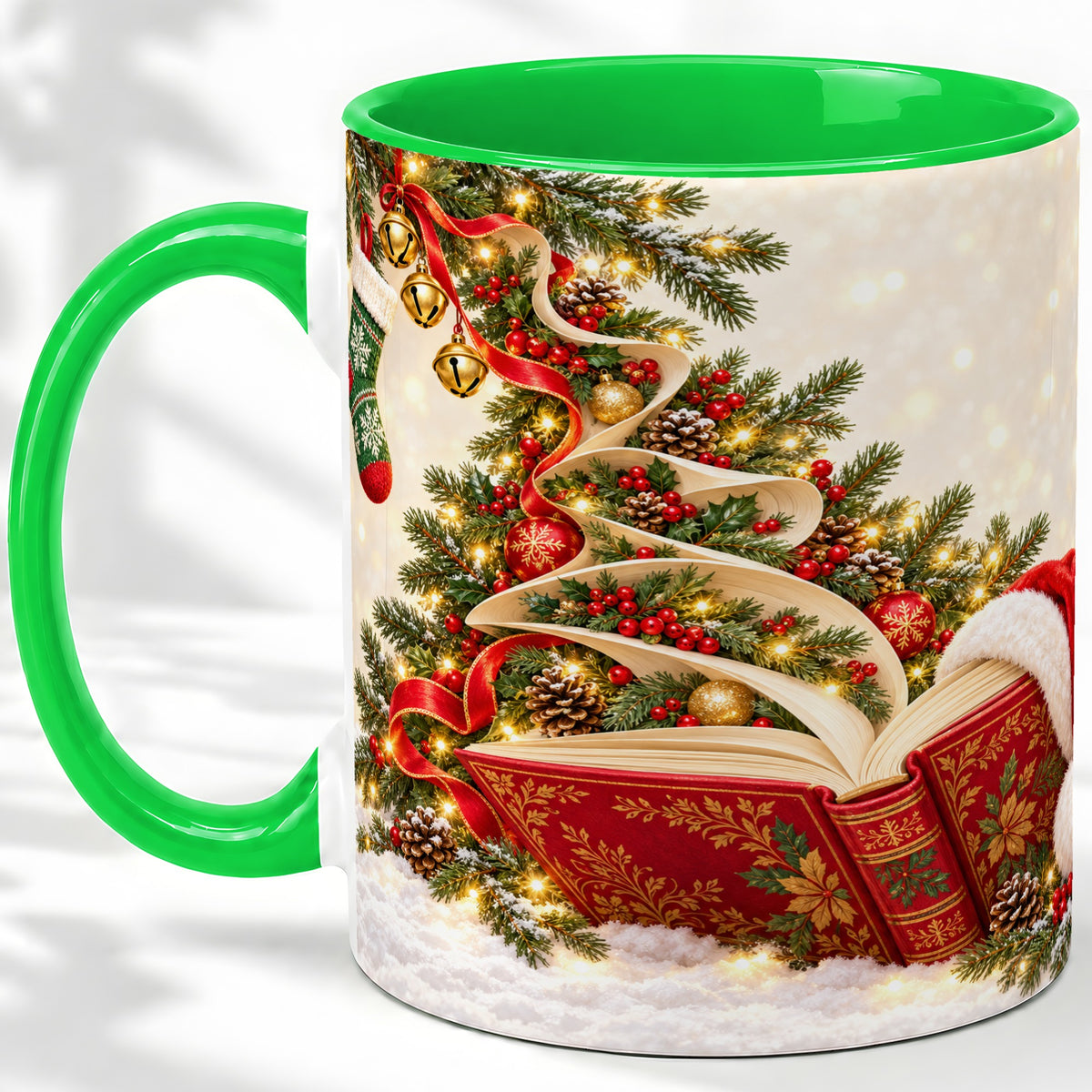 #pl[11oz|Green] Christmas Book Tree Accent Ceramic Mug, Santa Hat Illustration