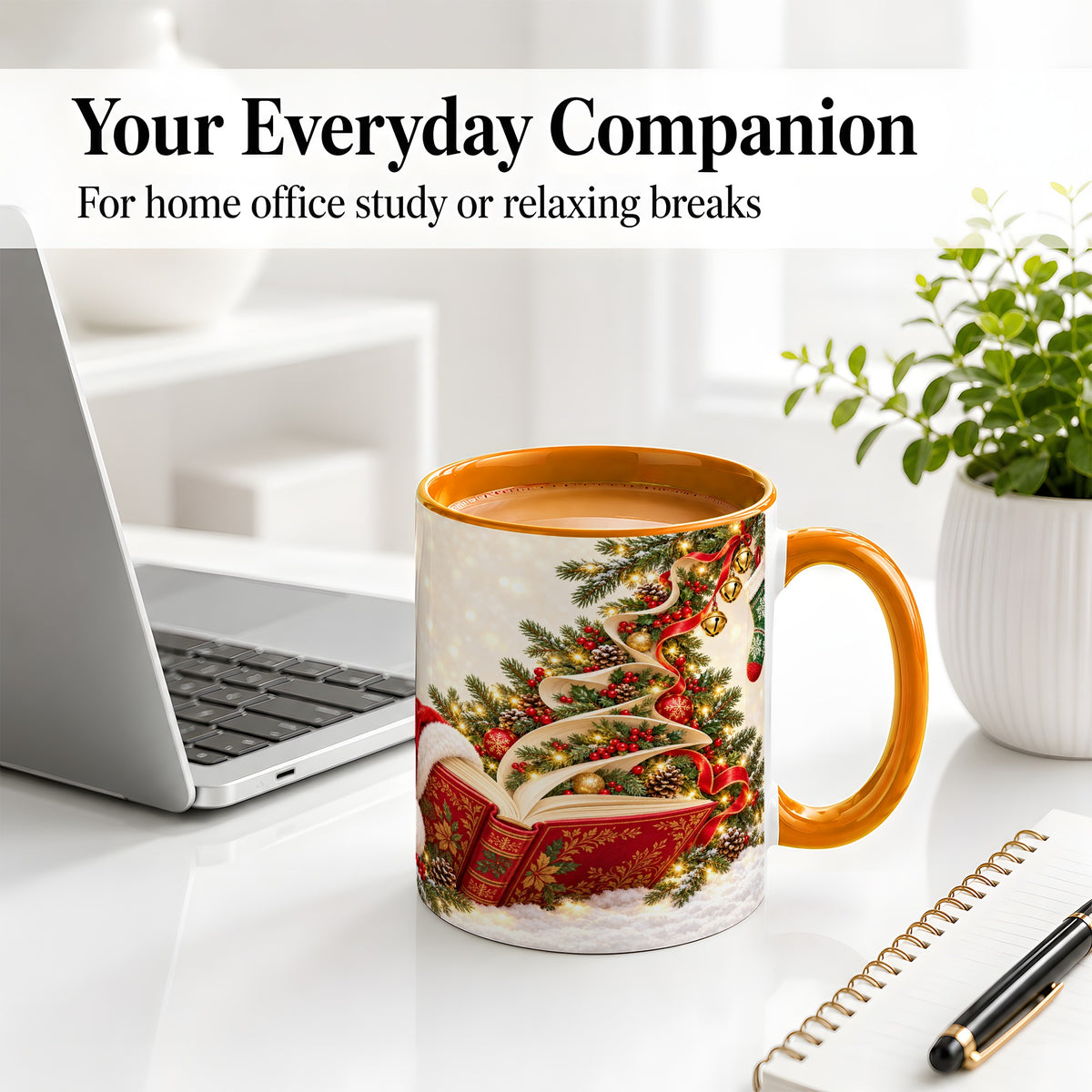 #pl[11oz|Orange] Christmas Book Tree Accent Ceramic Mug, Santa Hat Illustration