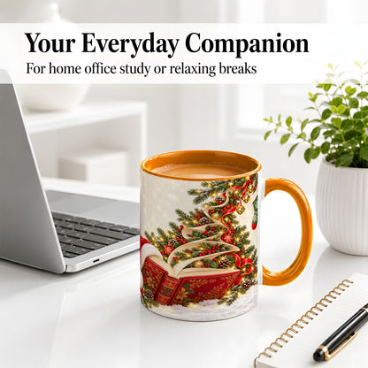 #pl[11oz|Orange] Christmas Book Tree Accent Ceramic Mug, Santa Hat Illustration