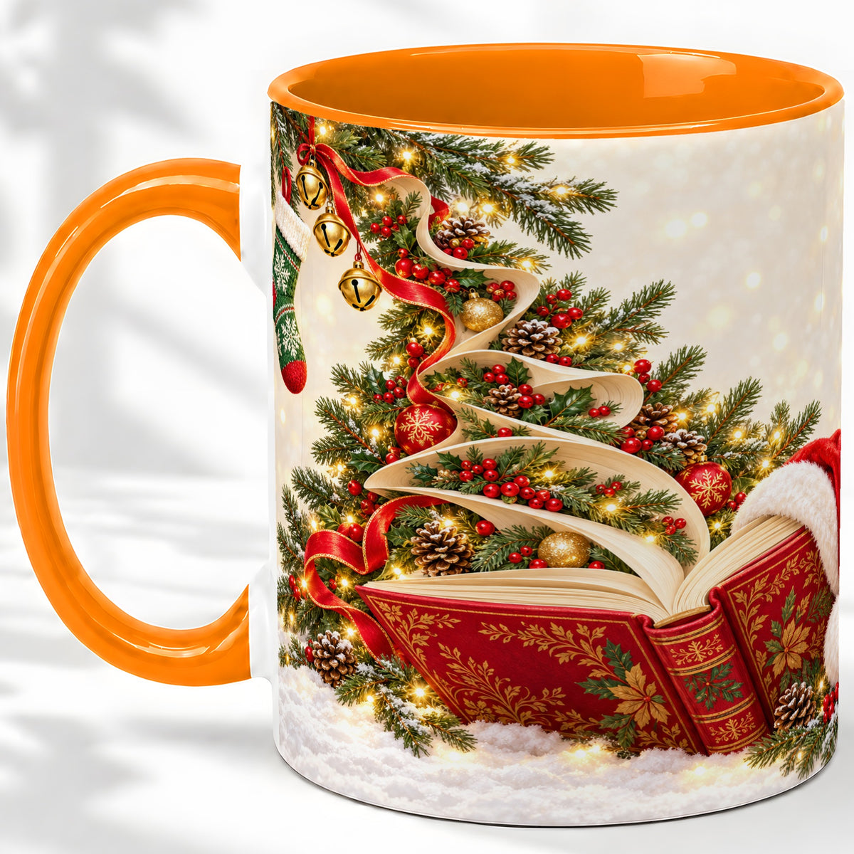 #pl[11oz|Orange] Christmas Book Tree Accent Ceramic Mug, Santa Hat Illustration