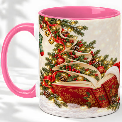 #pl[11oz|Pink] Christmas Book Tree Accent Ceramic Mug, Santa Hat Illustration