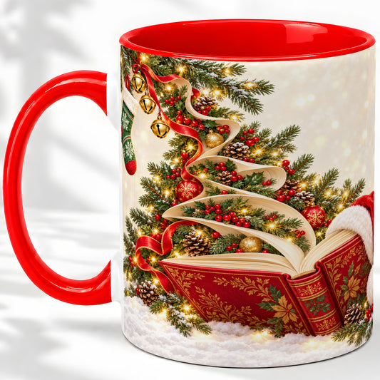 Christmas Book Tree Accent Ceramic Mug, Santa Hat Illustration