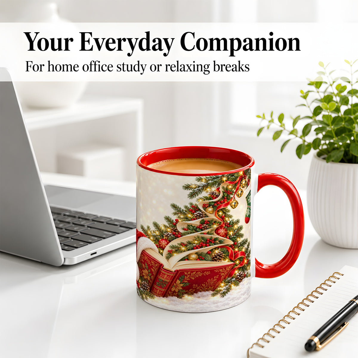 #pl[11oz|Red] Christmas Book Tree Accent Ceramic Mug, Santa Hat Illustration