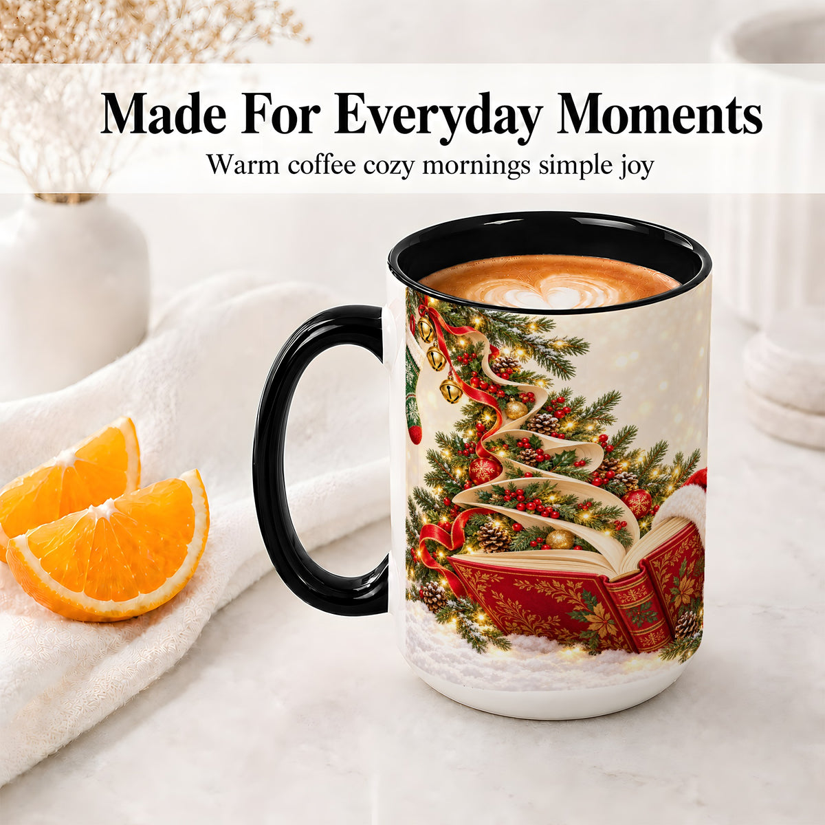 #pl[15oz|Black] Christmas Book Tree Accent Ceramic Mug, Santa Hat Illustration