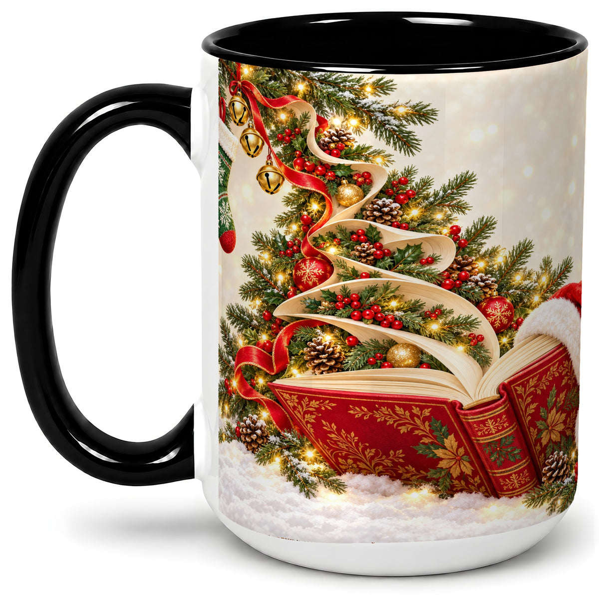 #pl[15oz|Black] Christmas Book Tree Accent Ceramic Mug, Santa Hat Illustration