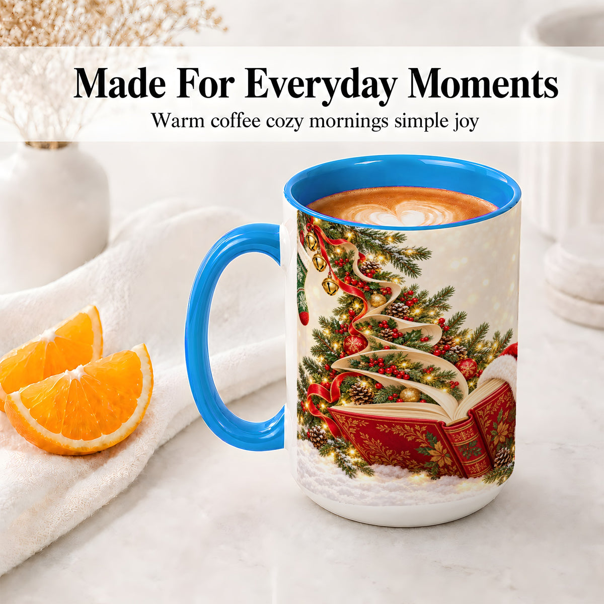 #pl[15oz|Blue] Christmas Book Tree Accent Ceramic Mug, Santa Hat Illustration