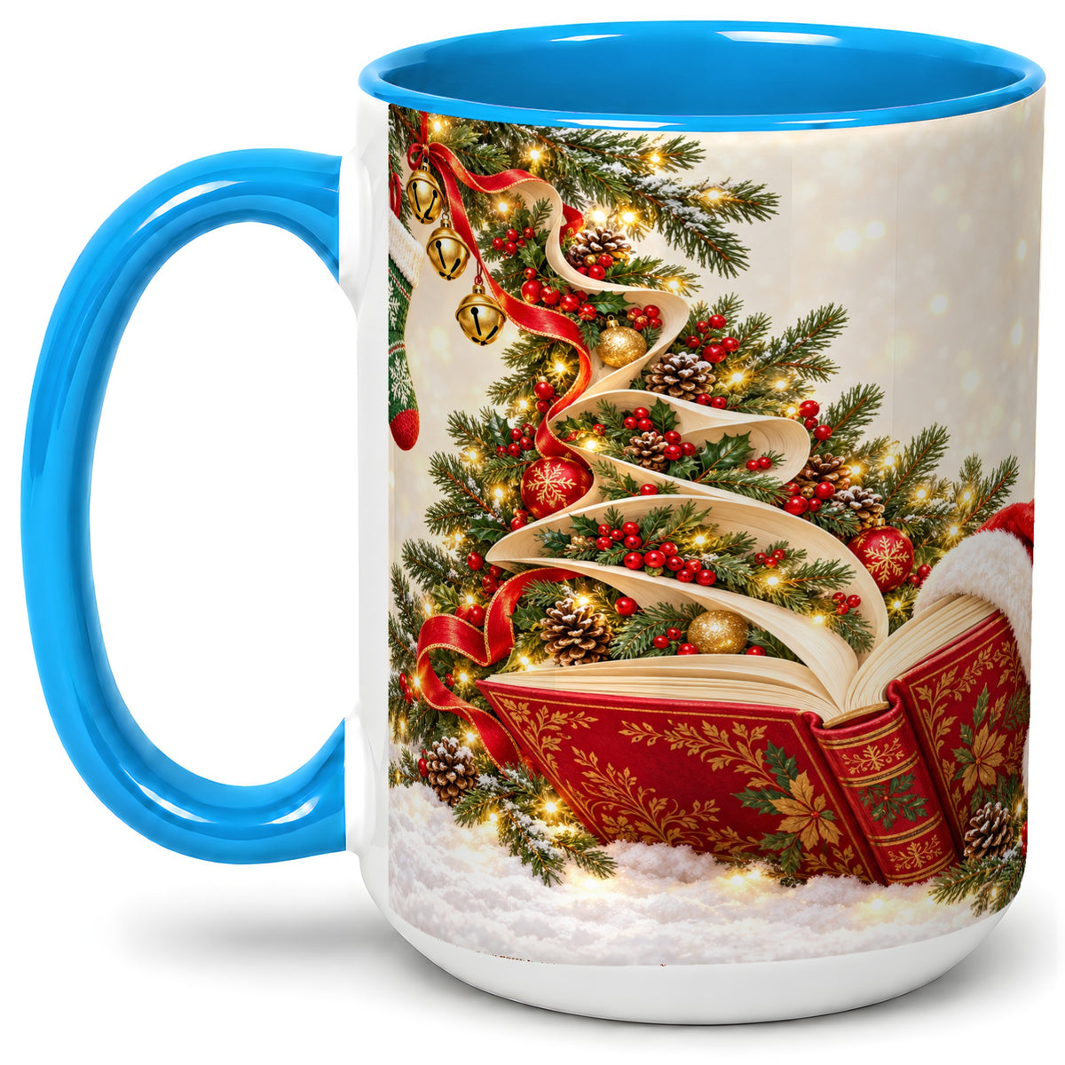 #pl[15oz|Blue] Christmas Book Tree Accent Ceramic Mug, Santa Hat Illustration