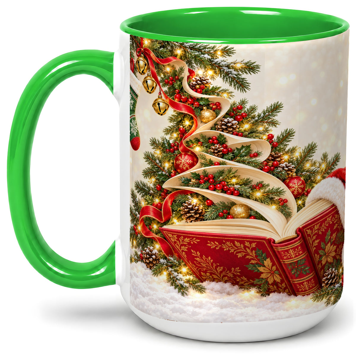 #pl[15oz|Green] Christmas Book Tree Accent Ceramic Mug, Santa Hat Illustration