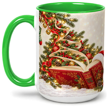 #pl[15oz|Green] Christmas Book Tree Accent Ceramic Mug, Santa Hat Illustration