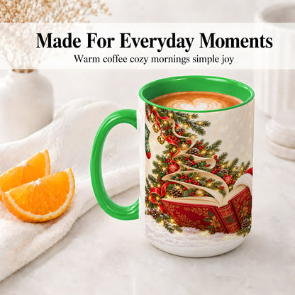 #pl[15oz|Green] Christmas Book Tree Accent Ceramic Mug, Santa Hat Illustration