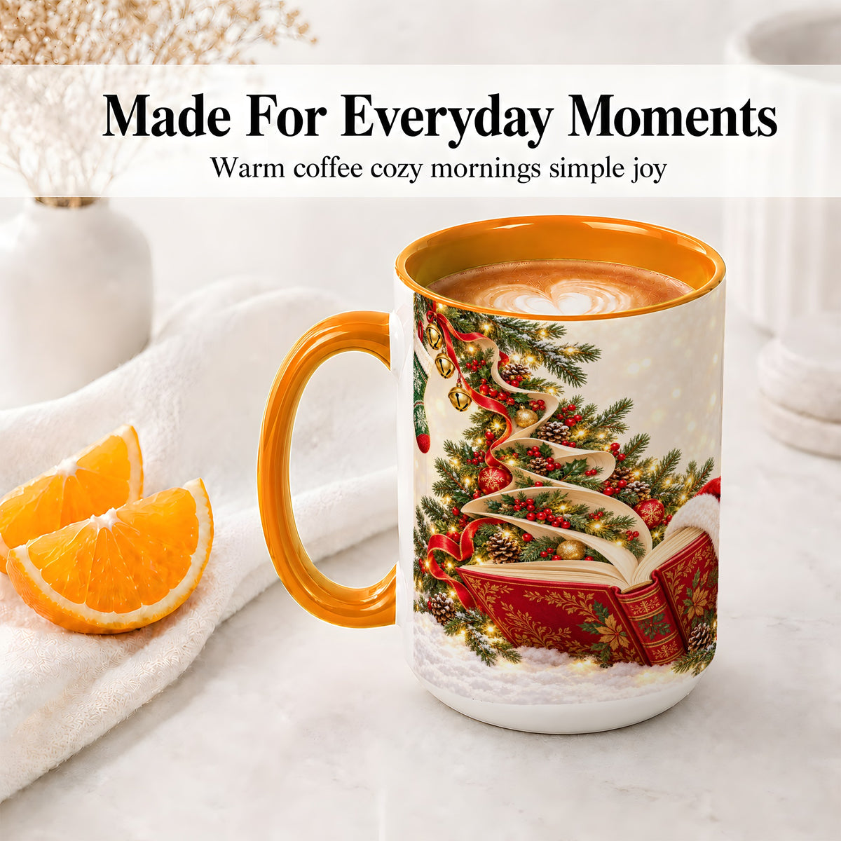 #pl[15oz|Orange] Christmas Book Tree Accent Ceramic Mug, Santa Hat Illustration