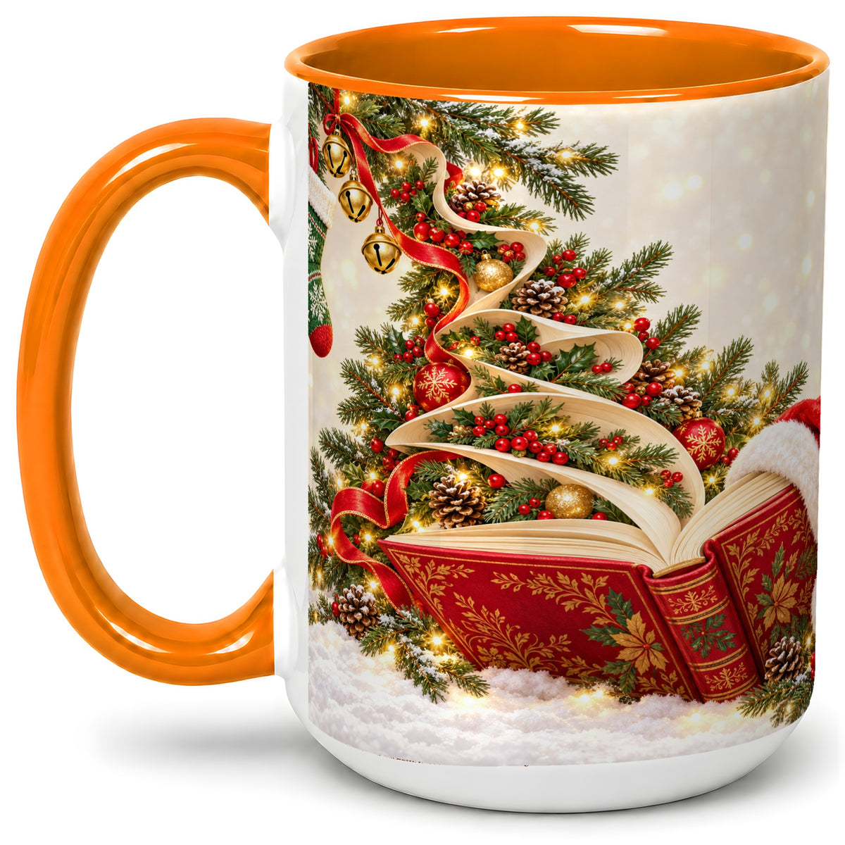 #pl[15oz|Orange] Christmas Book Tree Accent Ceramic Mug, Santa Hat Illustration