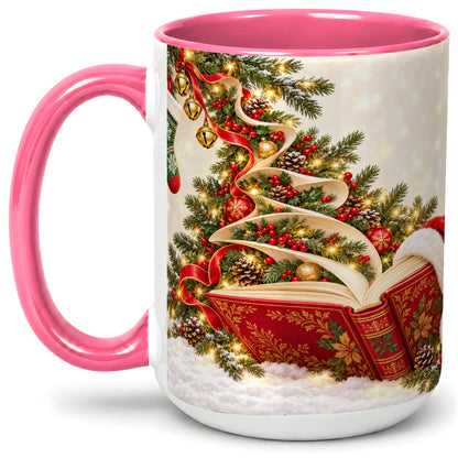 #pl[15oz|Pink] Christmas Book Tree Accent Ceramic Mug, Santa Hat Illustration