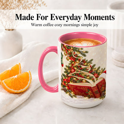#pl[15oz|Pink] Christmas Book Tree Accent Ceramic Mug, Santa Hat Illustration