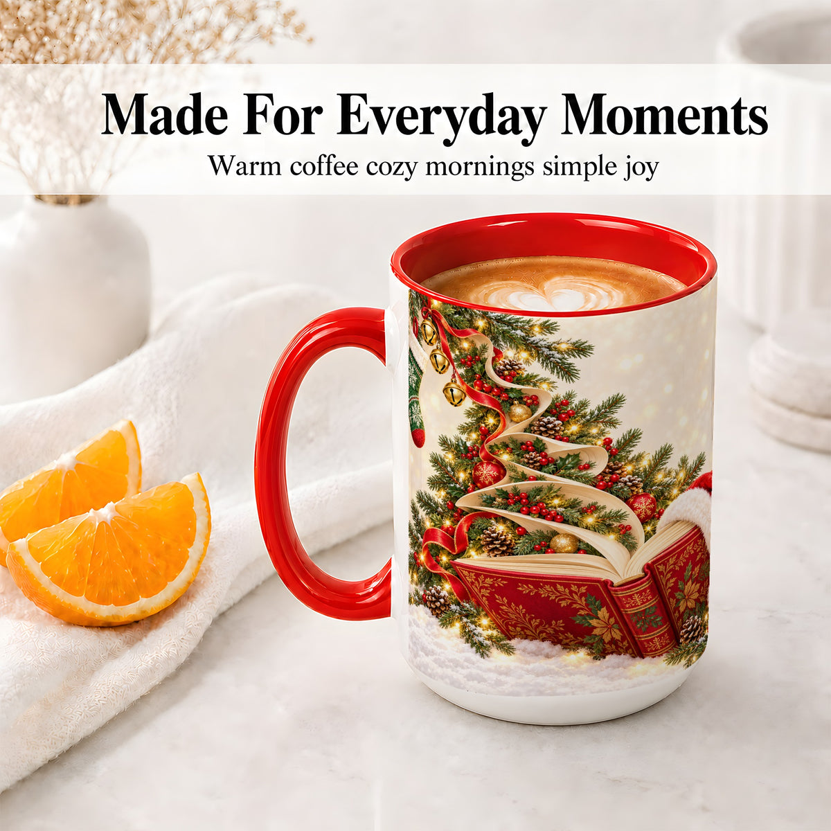 #pl[15oz|Red] Christmas Book Tree Accent Ceramic Mug, Santa Hat Illustration