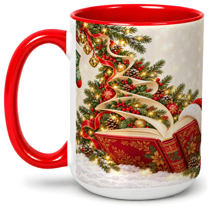 #pl[15oz|Red] Christmas Book Tree Accent Ceramic Mug, Santa Hat Illustration