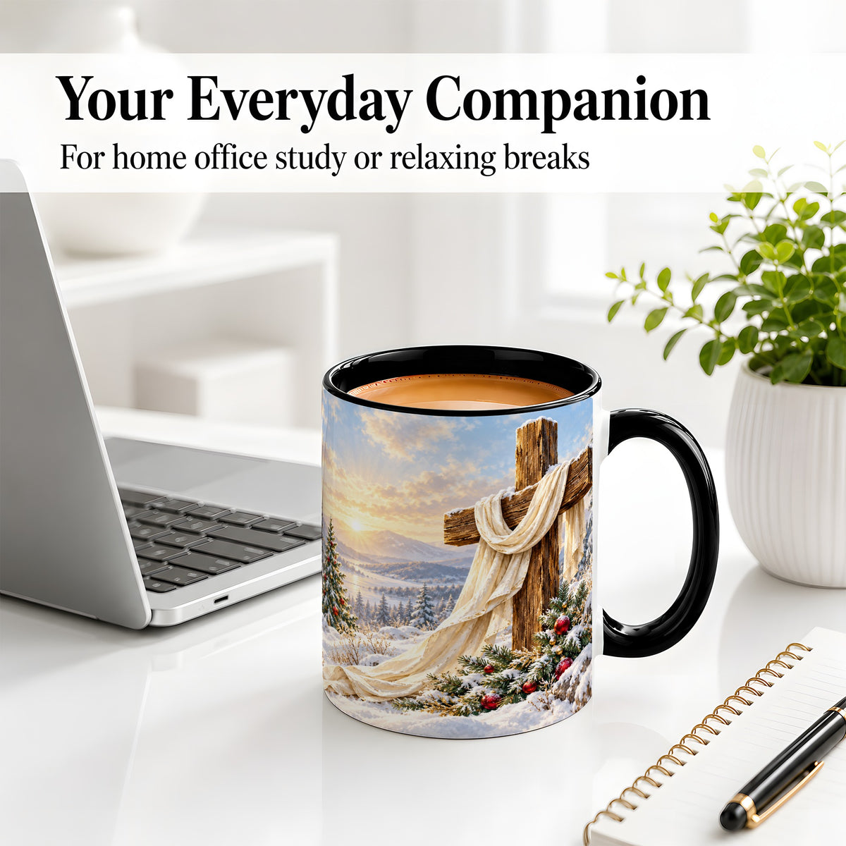 #pl[11oz|Black] Winter Cross Accent Ceramic Mug, Snowy Mountain Sunrise