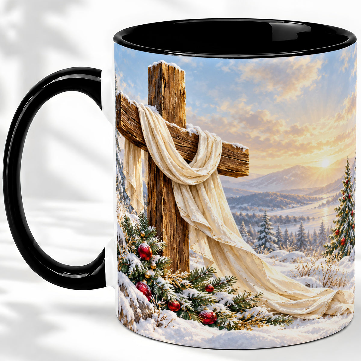 #pl[11oz|Black] Winter Cross Accent Ceramic Mug, Snowy Mountain Sunrise
