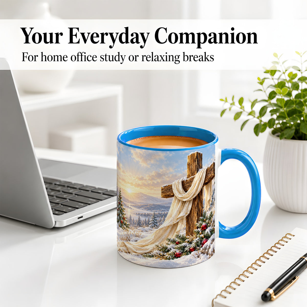 #pl[11oz|Blue] Winter Cross Accent Ceramic Mug, Snowy Mountain Sunrise